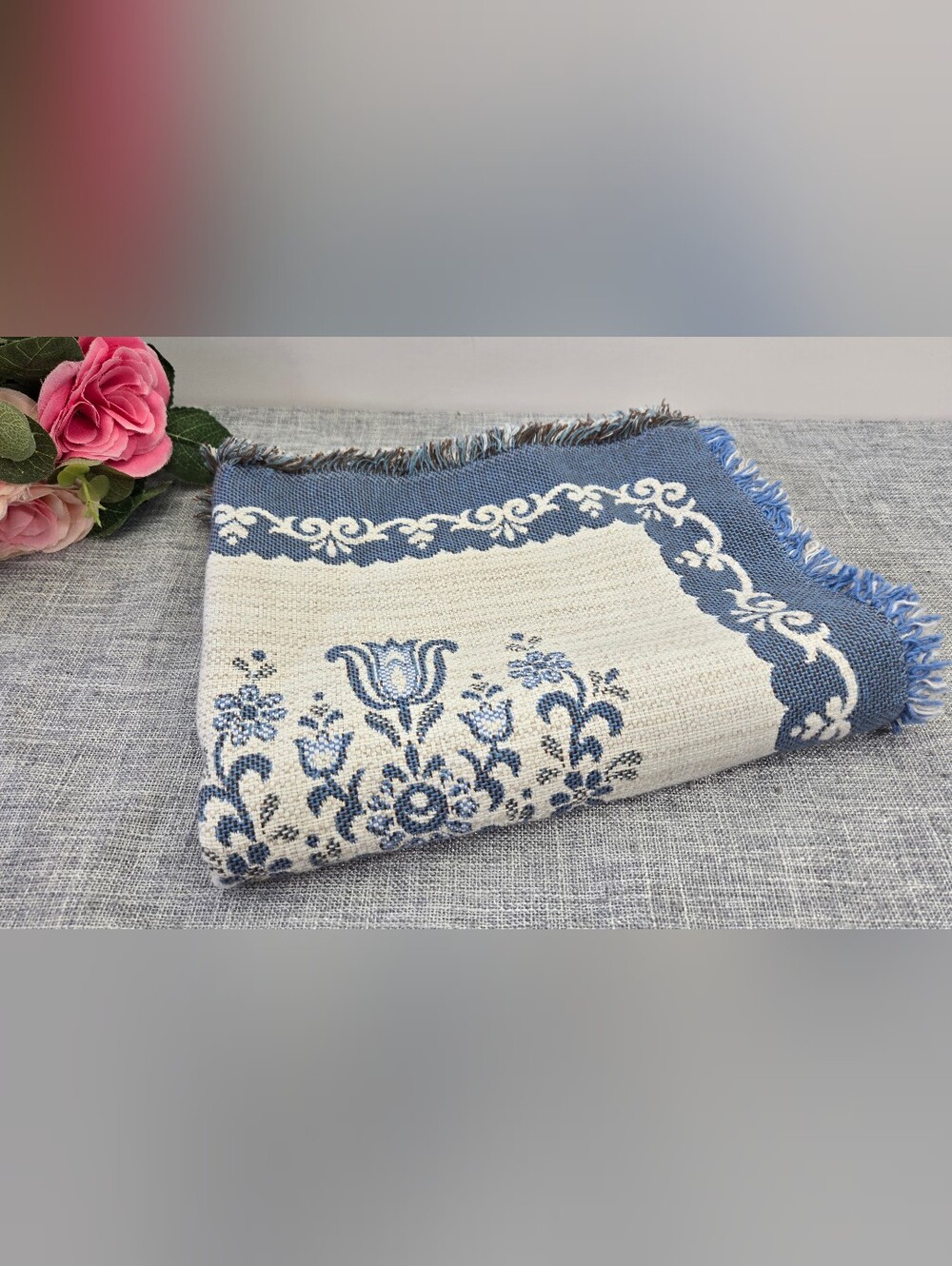 Vintage Austrian Folk Art Woven Table Runner Blue Cream Tyrolean Dancers Linen